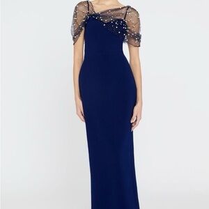 Theia Midnight Blue Maxi Dress with Sheer Pearl Embellished Overlay